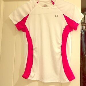 Women's White and Hot Pink Heat Gear Under Armour Athletic Tee Size Medium